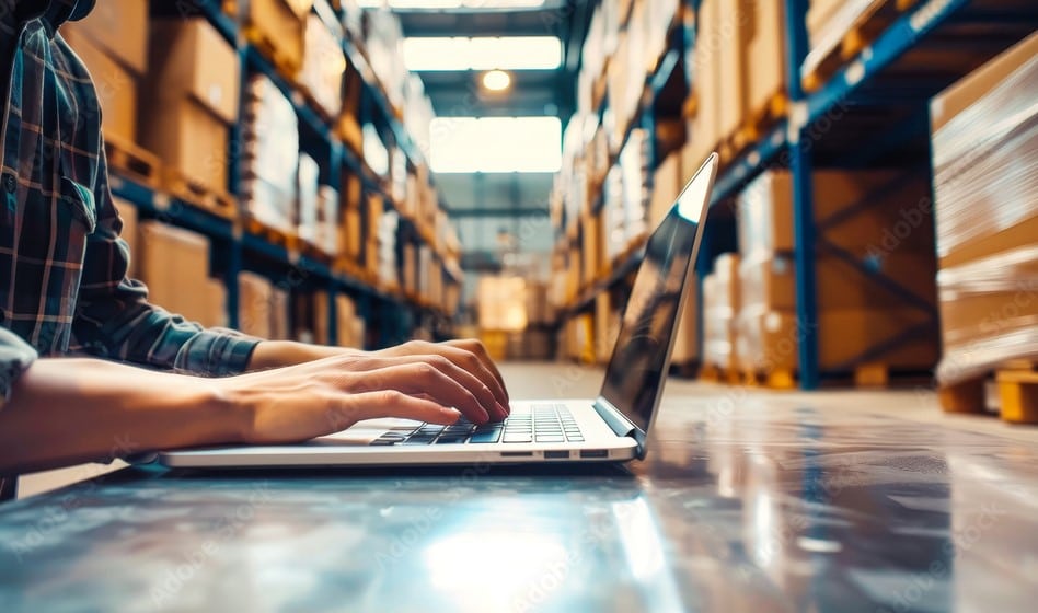 Person working on laptop in a storage room with boxes, representing technical and remote support